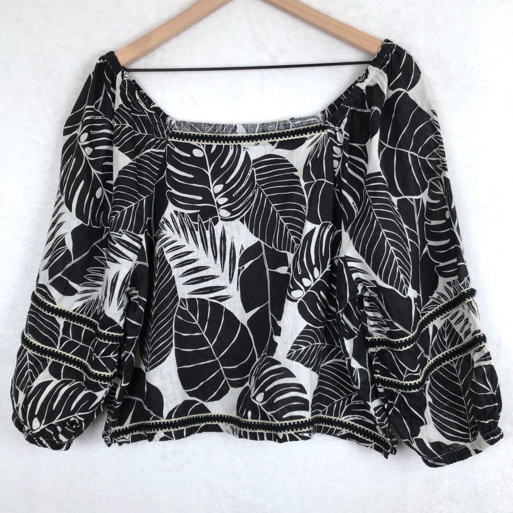 NWOT Cynthia Rowley 100% European Flax Linen Tropical Top Sz L Black White Lace